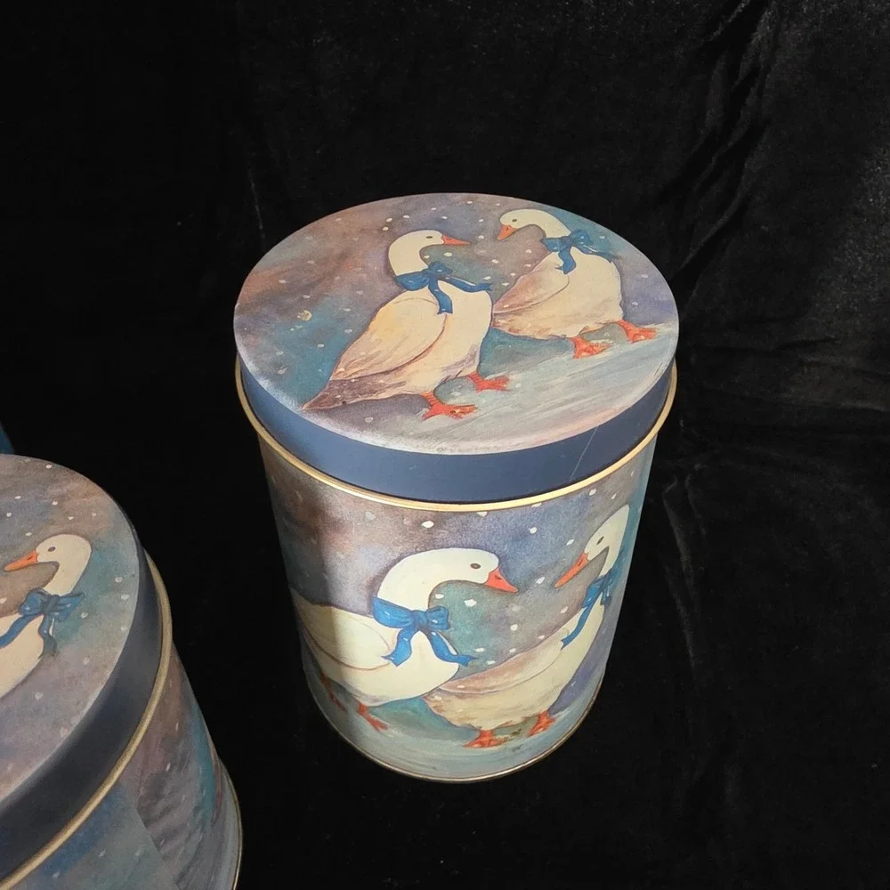 VTG Nesting Goose Tin Canister Set 3 Blue Bow Aunt Rhody Style Country Cottage